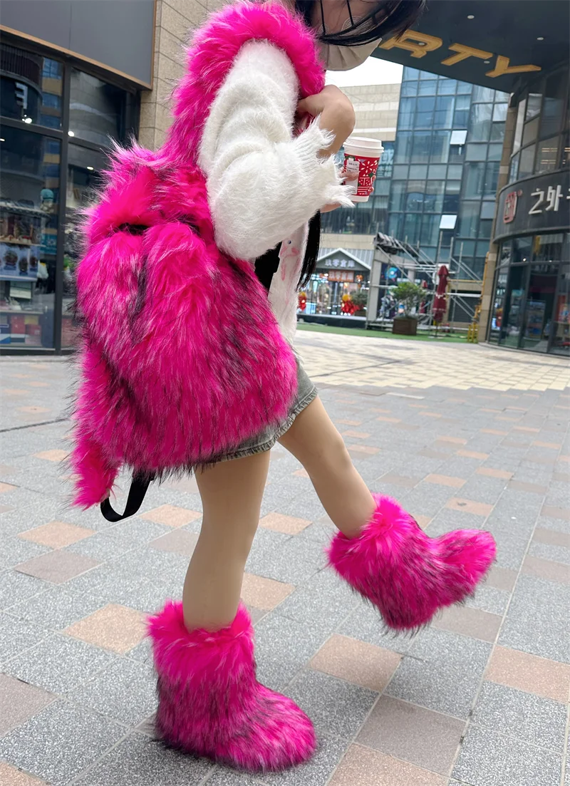 Faux Fur Backpacks for Women Kawaii Woolen Fabric School Bag Y2k Korean Travel Girls Fluffy Backpack Cute Plush Winter Schoolbag