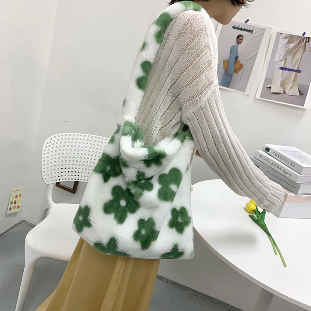 Women Cute Plush Tote Handbags Autumn Winter Fluffy Flower Shoulder Bags Large Capacity Messenger Bag Fashion Crossbody Bags