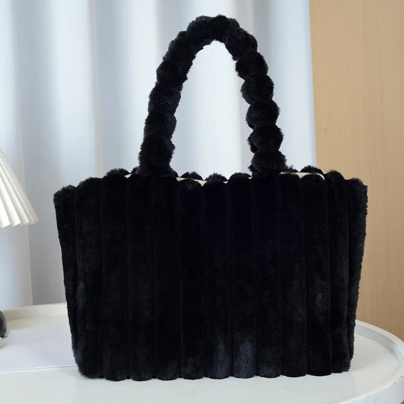 Autumn Winter Soft Plush Tote Bag Stylish College Student Shoulder Bags for Women Handbag with Leather Material Polyester Lining