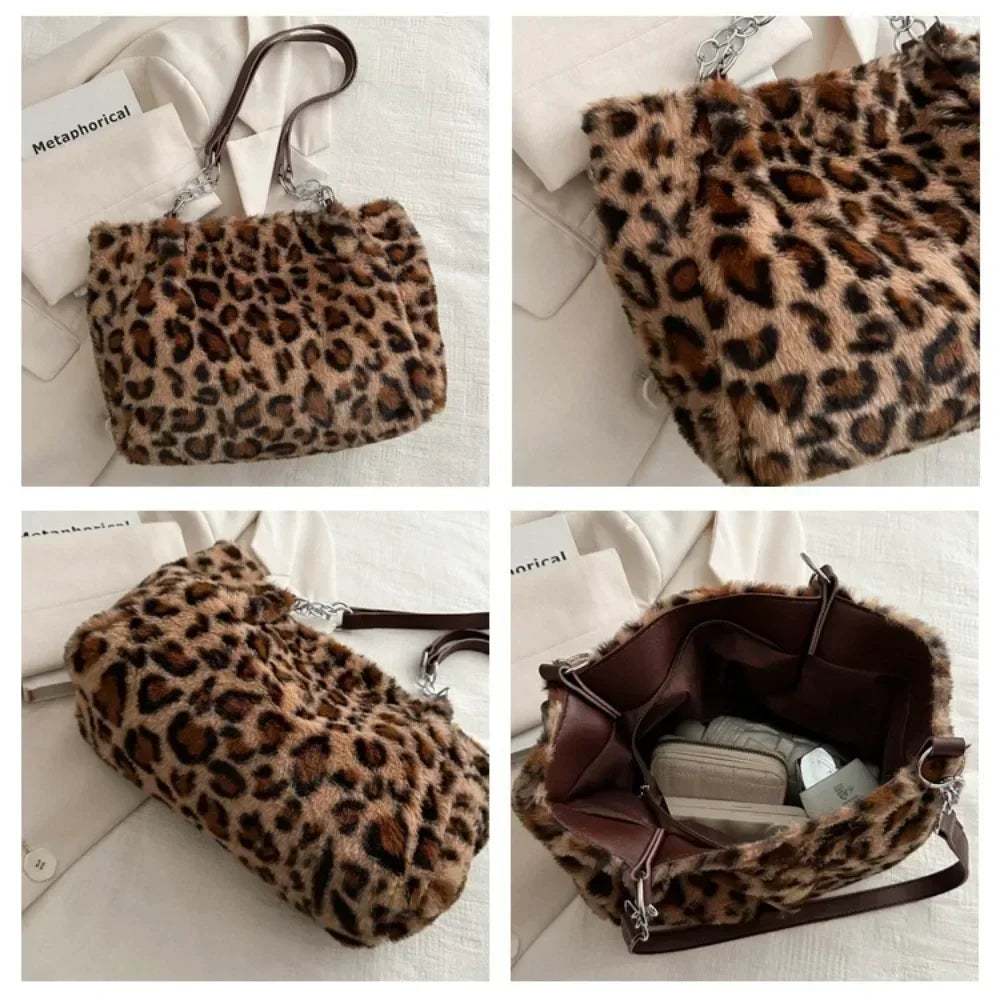 Winter Fashion Leopard Print Plush Women's Bags Are Versatile Casual Trendy Premium Texture Large Capacity Shoulder Handbag