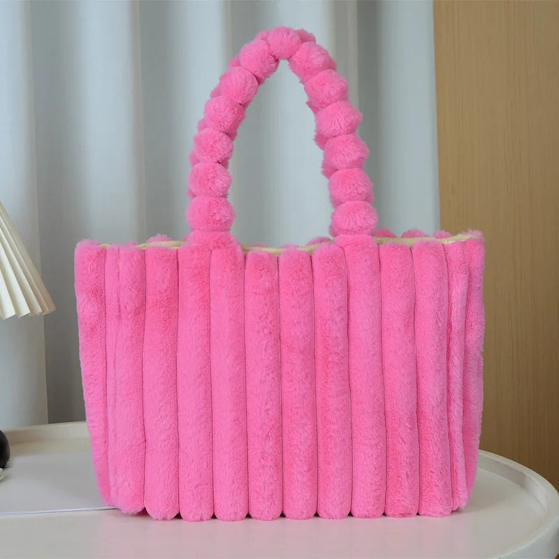 Autumn Winter Soft Plush Tote Bag Stylish College Student Shoulder Bags for Women Handbag with Leather Material Polyester Lining
