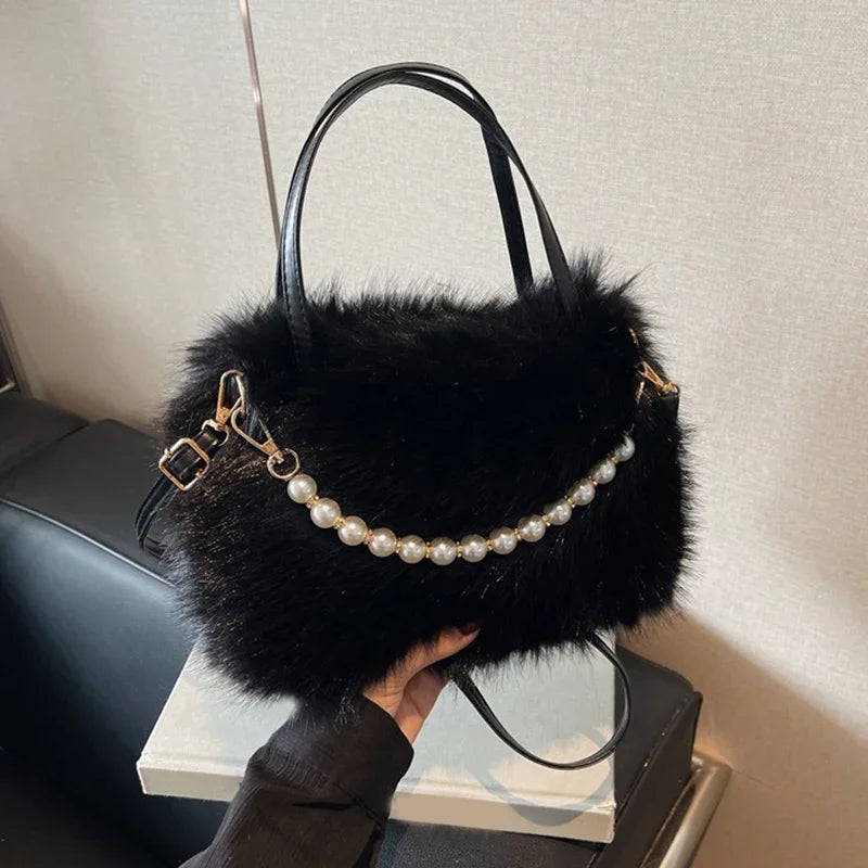 Candy Color Pearl Handle Women's Plush Crossbody Bag Portable Female Furry Handbags Winter Fashion Casual Shoulder Bags