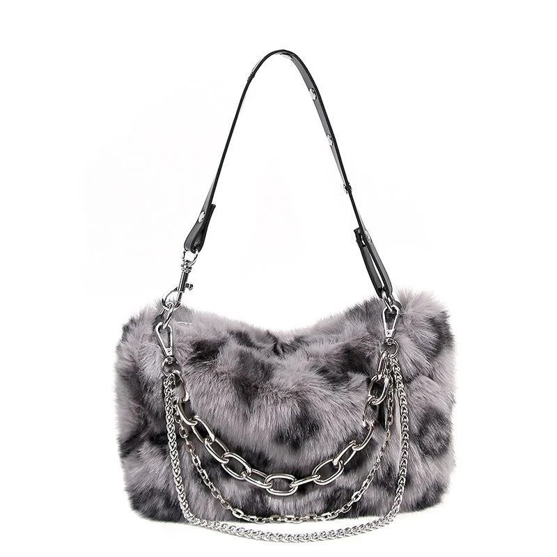 New Faux Fur Leopard Shoulder Bag Women's Autumn Winter Chain Handbags Ladies Leopard Print Clutch Purses Fluffy Top Handle Bags