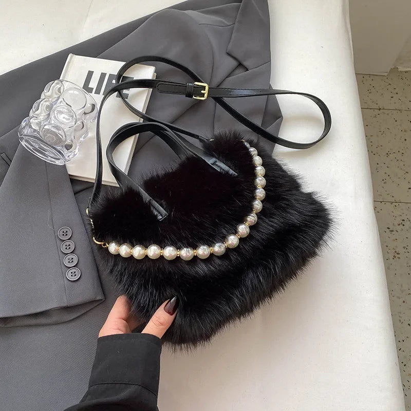 Winter Fashion Faux Fur Crossbody Bags for Women's Gift, Pearl Chain Decor Shoulder Bag, Ladies Handbags Top-handel Bag