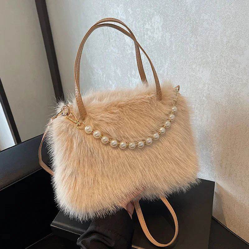 Candy Color Pearl Handle Women's Plush Crossbody Bag Portable Female Furry Handbags Winter Fashion Casual Shoulder Bags
