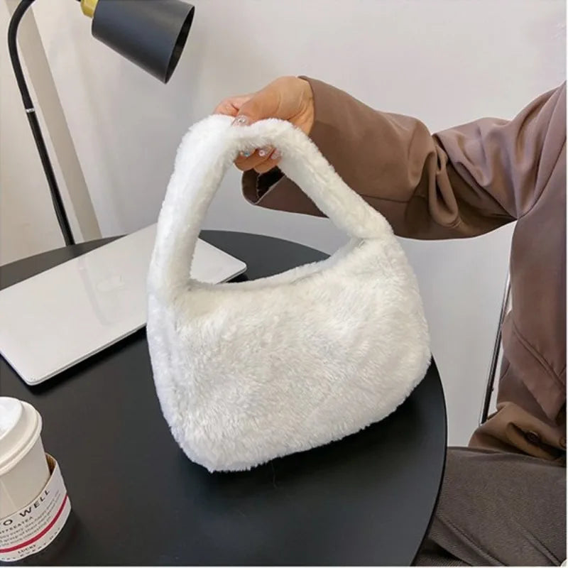 Fluffy Tote Bags Soft Plush Shoulder Underarm Bag Solid Color Purse Autumn Winter Handbag Women Lady Fashion Storage Pouch 2025