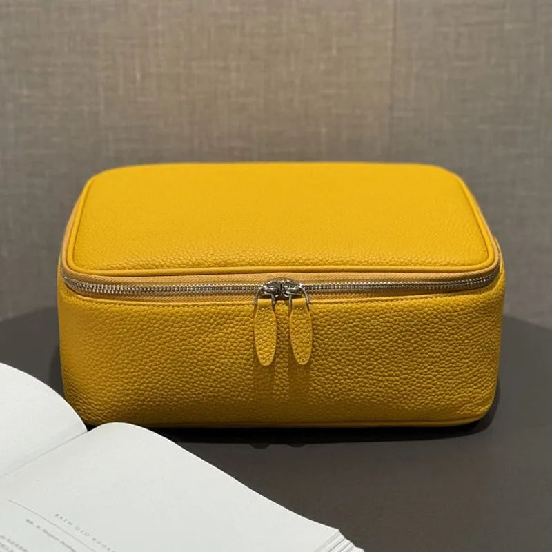 Leather large-capacity fashionable box-shaped makeup bag, portable multi-functional wash bag, simple travel cosmetic storage